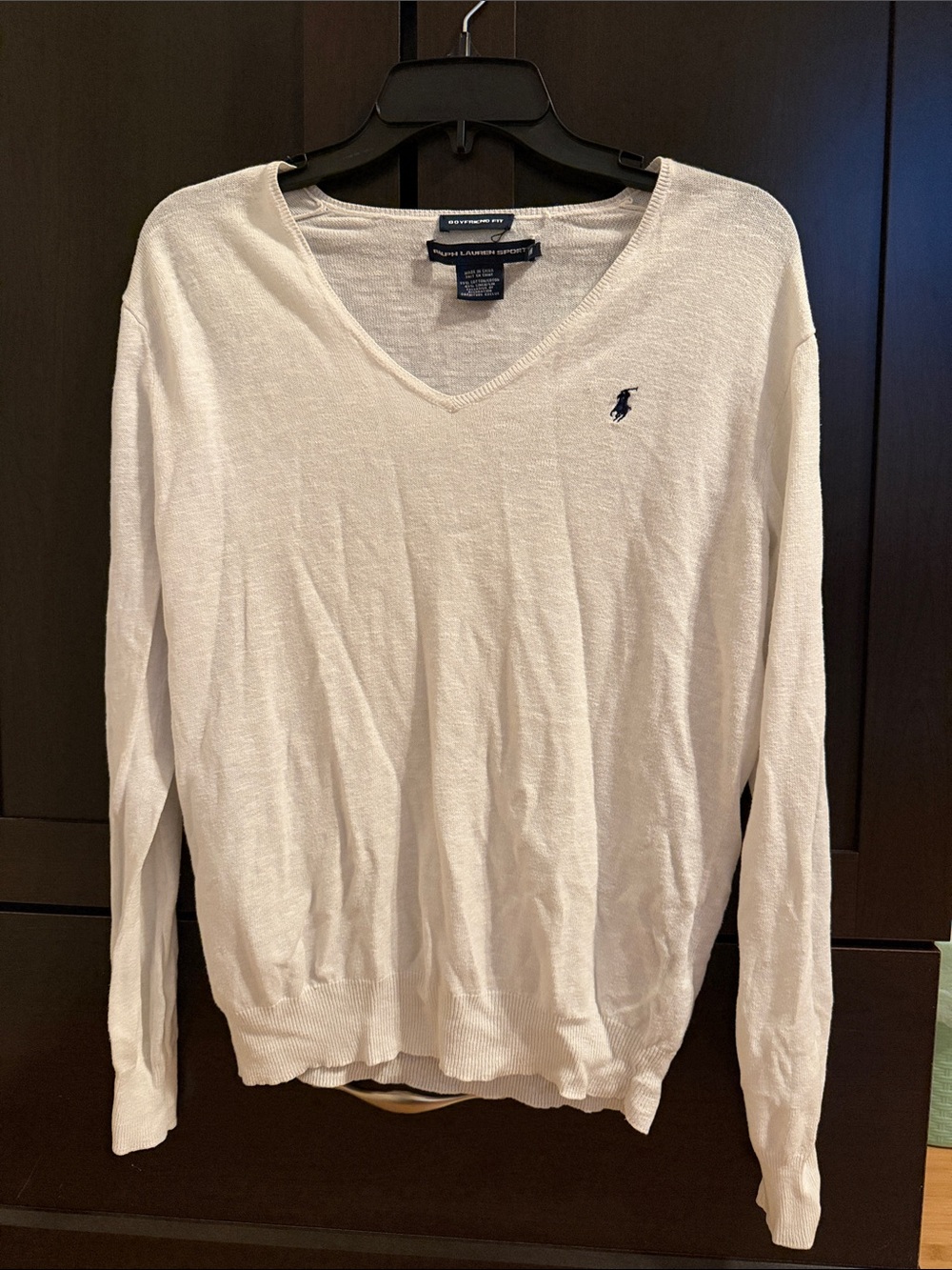 RALPH LAUREN women’s V-Neck Sweater in white with Navy Pony